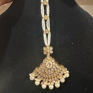 Gold and White Pearl Kundan huge Tika - Women Jewelry